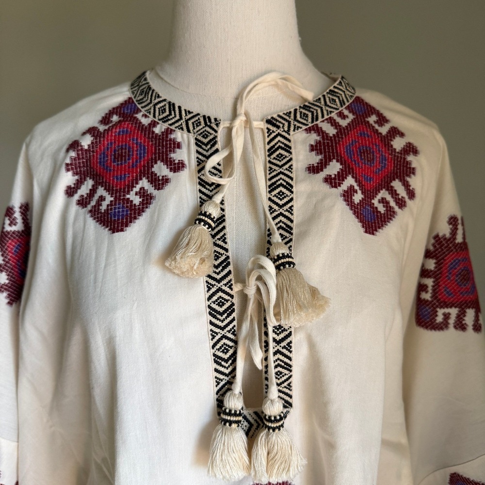 Johanna Ortiz Bushveld Poncho Embroidered Fabric Tassels Cream Size M - Picture 3 of 10